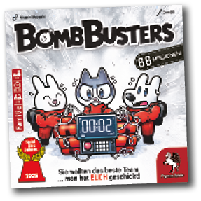 Spielcover „Bomb Busters“: drei Comic-Tiere im roten Einsatzanzug entsch rfen eine Bombe mit Timer „00:02“; Hinweis „66 Missionen“, „Spiel des Jahres 2025“.
