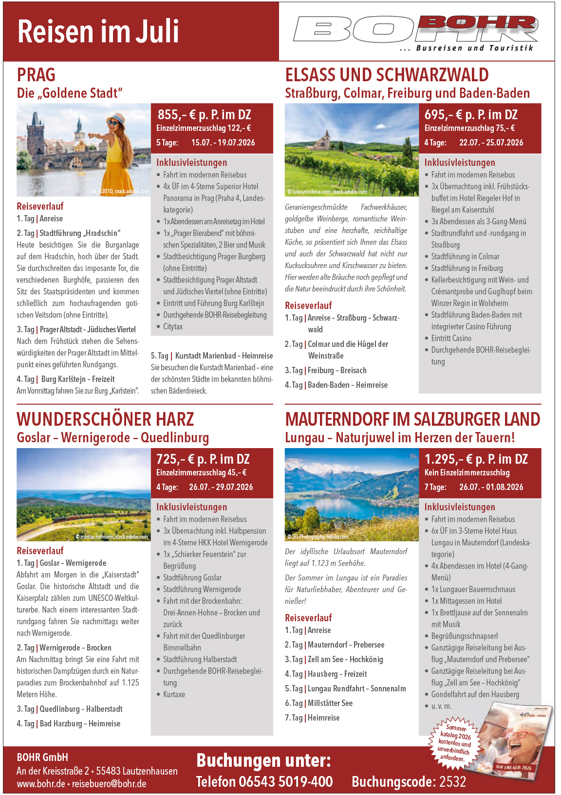 Werbekatalog f r Sommerreisen im Juli mit Angeboten zu St dtereisen, Natururlauben und Wanderungen in Prag, Elsass, Schwarzwald, Harz und Salzburger Land inklusive Reisezeiten, Preisen und Leistungen. Beschreibung von KI generiert