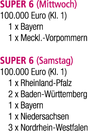 SUPER 6 (Mittwoch) 100.000 Euro (Kl. 1) 1 x Bayern 1 x Meckl. Vorpommern SUPER 6 (Samstag) 100.000 Euro (Kl. 1) 1 x R...