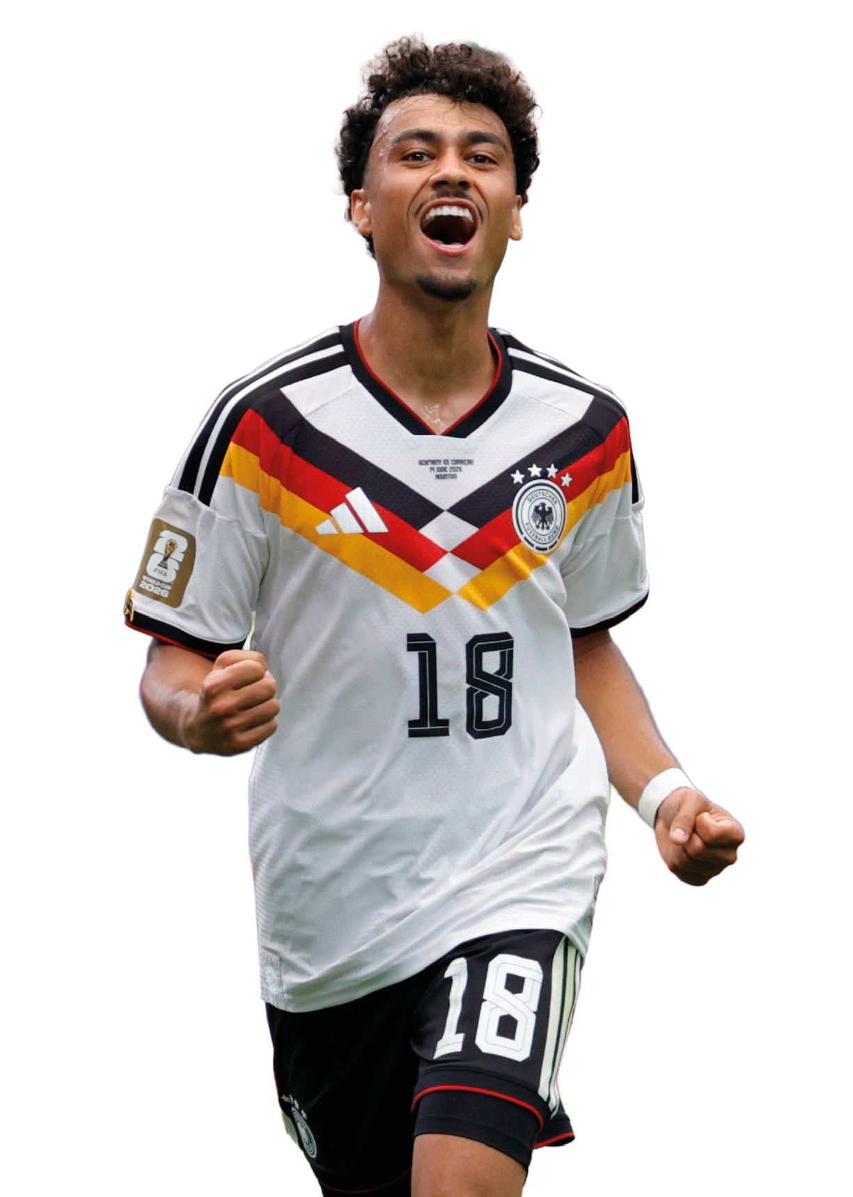 Eine Person mit lockigem Haar tr gt ein wei es Fu balltrikot mit der Nummer 18 und jubelt mit geballten F usten. Beschreibung von KI generiert