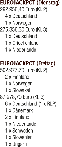EUROJACKPOT (Dienstag) 292.956,40 Euro (Kl. 2) 4 x Deutschland 1 x Norwegen 275.356,30 Euro (Kl. 3) 1 x Deutschland 1...