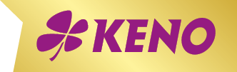 Das Bild zeigt das lila Keno-Logo mit einem vierbl ttrigen Kleeblatt auf einem goldfarbenen Hintergrund. Beschreibung von KI generiert