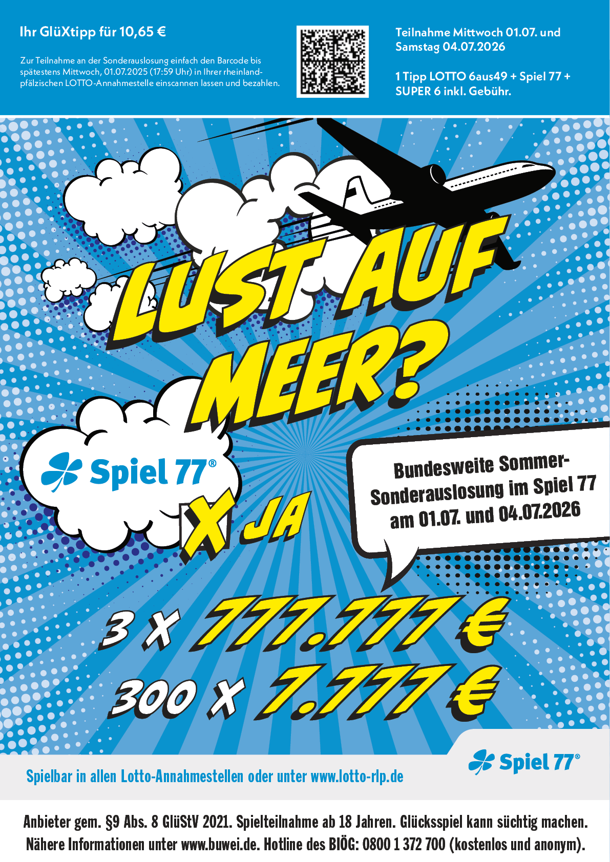 Werbung f r das Spiel 77 mit der Frage Lust auf Meer und Hinweisen auf eine bundesweite Sommer-Sonderauslosung mit hohen Gewinnsummen, gestaltet mit einem Flugzeug, Wolken und auff lliger gelber Schrift auf blauem Hintergrund. Beschreibung von KI generiert