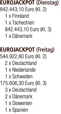 EUROJACKPOT (Dienstag) 842.443,10 Euro (Kl. 2) 1 x Finnland 1 x Tschechien 842.443,10 Euro (Kl. 3) 1 x D nemark EUROJ...