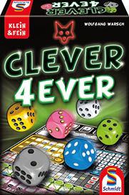 Das Cover des Spiels Clever 4ever zeigt bunte W rfel auf einem Spielbrett mit einem leuchtenden Schriftzug und einem stilisierten Fuchslogo. Beschreibung von KI generiert