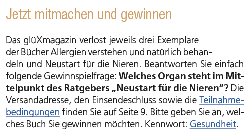 Jetzt mitmachen und gewinnen Das gl Xmagazin verlost jeweils drei Exemplare der B cher Allergien verstehen und nat rl...