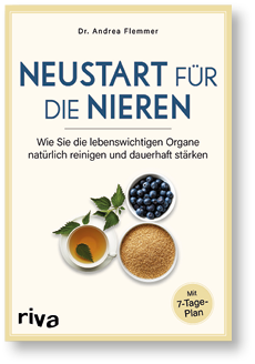 Buchcover mit dem Titel Neustart f r die Nieren von Dr. Andrea Flemmer, das nat rliche Reinigung und St rkung der Nieren beschreibt und Bilder von Tee, Beeren und Samen zeigt. Beschreibung von KI generiert