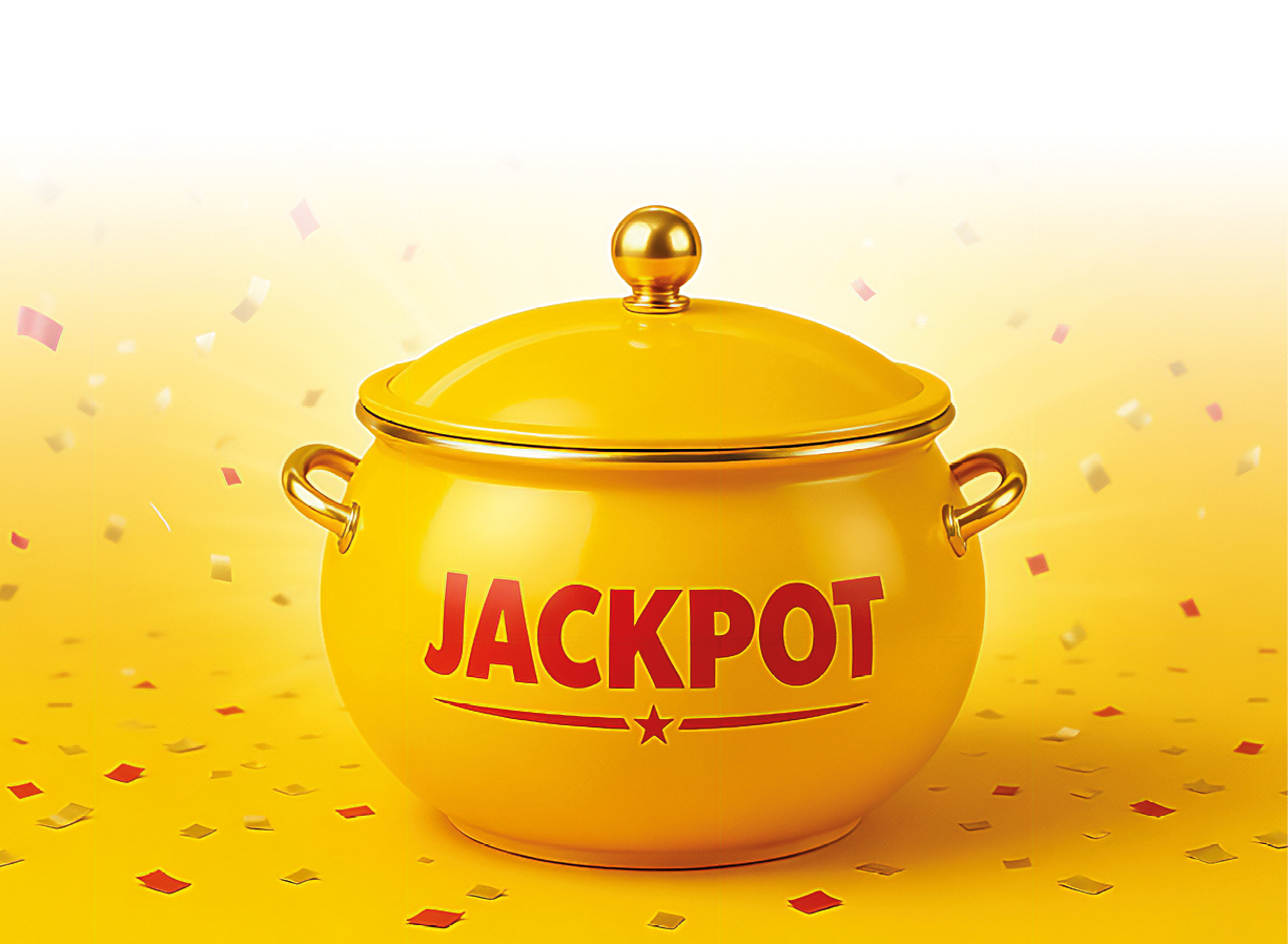 Ein gelber Topf mit Deckel steht vor einem gelben Hintergrund und tr gt in roten Buchstaben das Wort Jackpot. Beschreibung von KI generiert