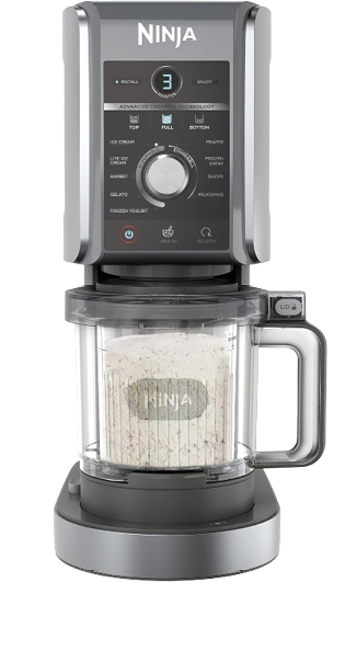 Ein moderner Ninja-Mixer mit digitaler Anzeige und einem transparenten Beh lter, der gemahlenes Mehl enth lt. Beschreibung von KI generiert