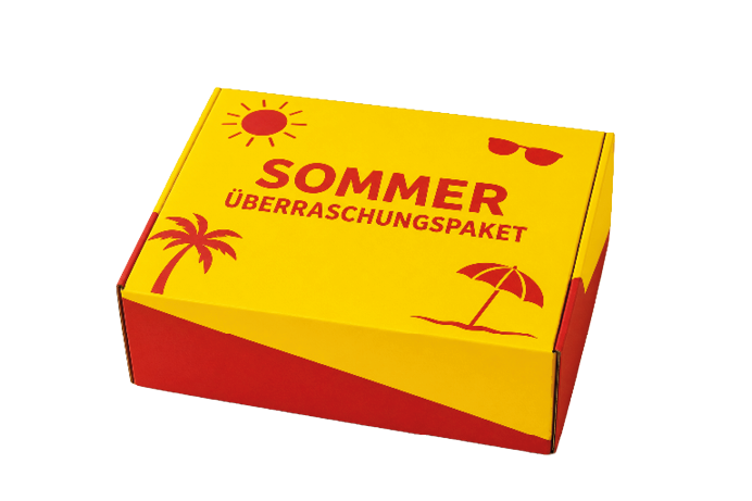 Gelb-rotes Paket mit der Aufschrift Sommer berraschungspaket und Symbolen von Sonne, Palme, Sonnenbrille und Sonnenschirm.  Beschreibung von KI generiert