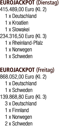EUROJACKPOT (Dienstag) 415.489,00 Euro (Kl. 2) 1 x Deutschland 1 x Kroatien 1 x Slowakei 234.316,50 Euro (Kl. 3) 1 x ...