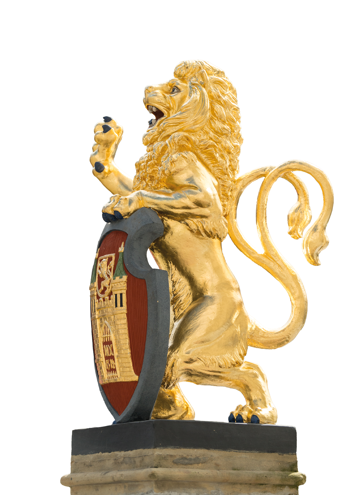 Eine goldene L wenstatue steht auf einem Sockel und h lt ein Wappenschild mit einem Turm und einem L wenmotiv. Beschreibung von KI generiert