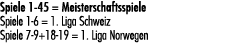 Spiele 1 45 = Meisterschaftsspiele Spiele 1 6 = 1. Liga Schweiz Spiele 7 9+18 19 = 1. Liga Norwegen 