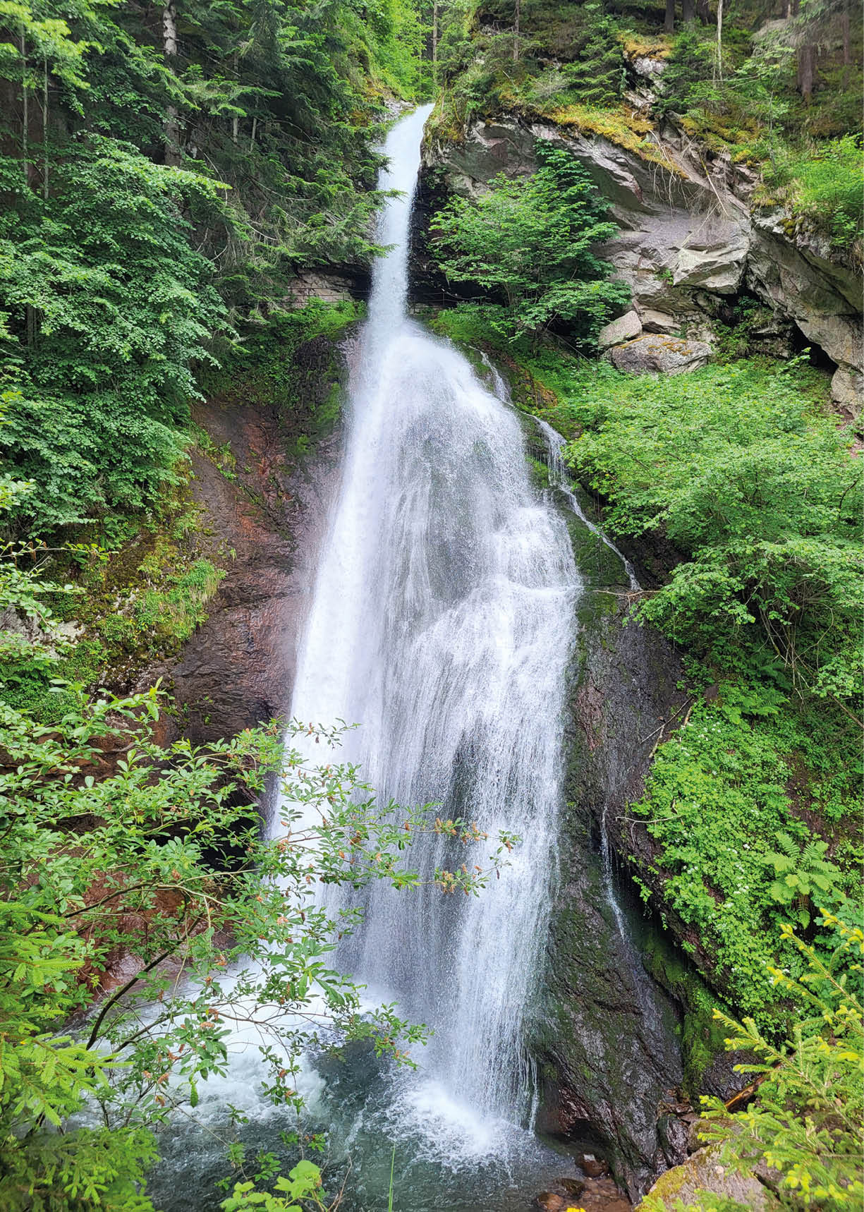 Ein Wasserfall flie t kraftvoll ber Felsen inmitten einer  ppig gr nen, bewaldeten Landschaft.  Beschreibung von KI generiert
