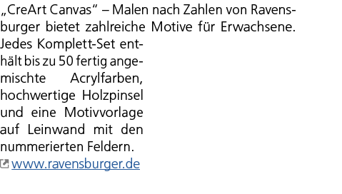 „CreArt Canvas“ – Malen nach Zahlen von Ravensburger bietet zahlreiche Motive f r Erwachsene. Jedes Komplett Set enth...