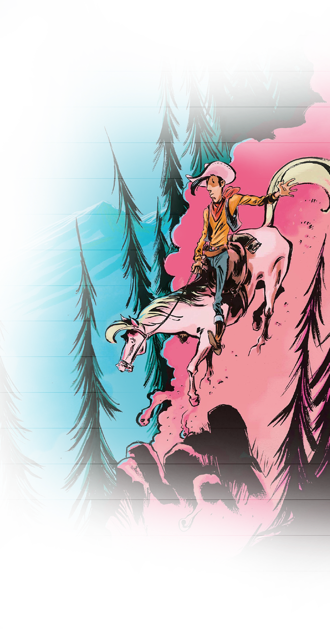 Eine Person mit Cowboyhut reitet auf einem springenden Ziegenbock durch einen farblich kontrastreichen Wald mit blauen und roten Hintergr nden. Beschreibung von KI generiert