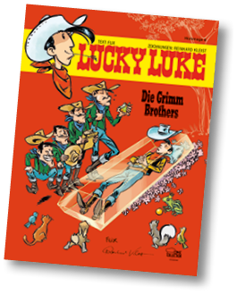 Auf dem Cover eines Lucky Luke Comics liegt eine Person in einem Sarg, umgeben von mehreren Personen in Cowboykleidung und verschiedenen Tieren, alles im Comicstil gezeichnet. Beschreibung von KI generiert