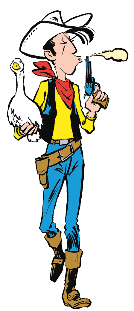 Eine gezeichnete Person tr gt einen Cowboyhut, ein rotes Halstuch, eine gelbe Weste, blaue Jeans und braune Stiefel, h lt eine wei e Gans in der einen Hand und eine rauchende Pistole in der anderen. Beschreibung von KI generiert