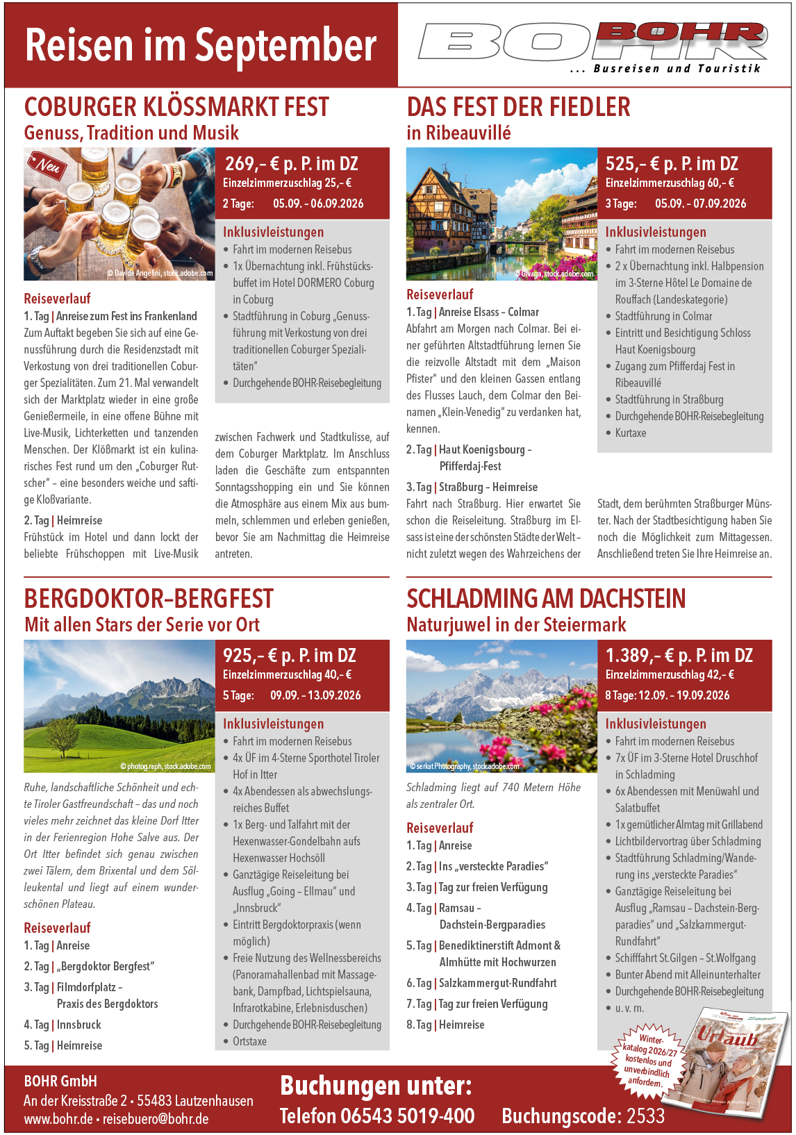 Veranstaltungsflyer mit Informationen zu verschiedenen Festen und Bergfesten im September in Deutschland, inklusive Bildern von Essen, Landschaften und traditionellen Aktivit ten. Beschreibung von KI generiert