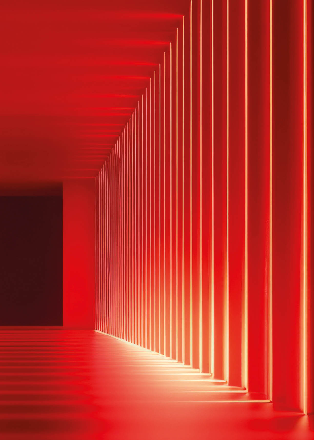 Ein langer, futuristischer Gang mit roten W nden und Decke, der von vertikalen, leuchtenden Lichtstreifen an einer Seite beleuchtet wird. Beschreibung von KI generiert