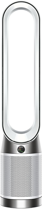 Moderner, schlanker Luftreiniger und Ventilator mit ovalem, rahmenlosem Design und silberner Basis. Beschreibung von KI generiert