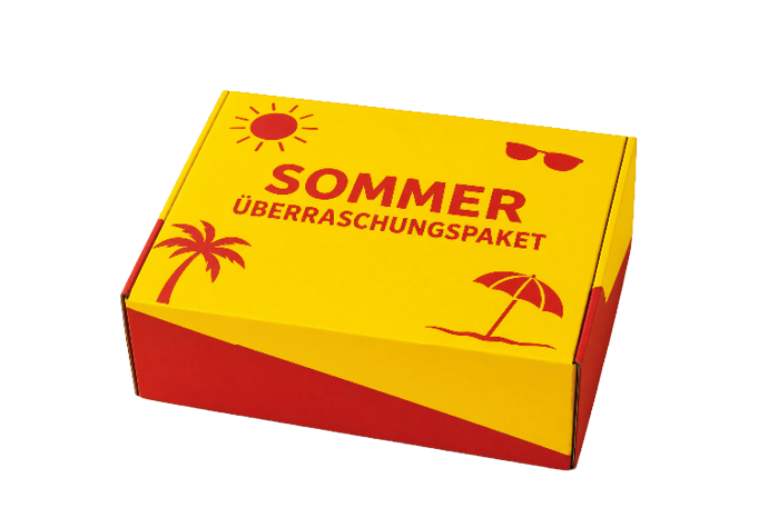 Gelb-rotes Paket mit der Aufschrift Sommer berraschungspaket und Symbolen von Sonne, Palme, Sonnenbrille und Sonnenschirm.  Beschreibung von KI generiert