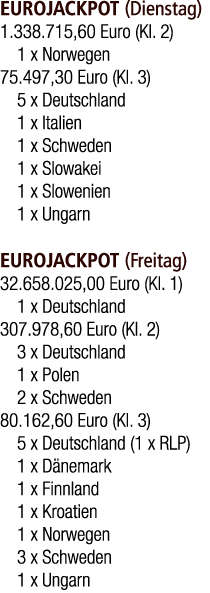 EUROJACKPOT (Dienstag) 1.338.715,60 Euro (Kl. 2) 1 x Norwegen 75.497,30 Euro (Kl. 3) 5 x Deutschland 1 x Italien 1 x ...