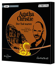 Das Cover zeigt den Titel Der Tod wartet von Agatha Christie mit einer Illustration eines antiken Geb udes, einer gelben Schlange und einem Erwachsenen mit kurzem Haar, dazu den Hinweis auf eine H rbuchfassung gelesen von Christoph Maria Herbst. Beschreibung von KI generiert