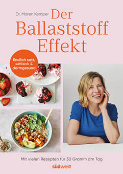 Ein Buchcover zeigt den Titel Der Ballaststoff Effekt mit Bildern von gesunden Gerichten und einer l chelnden Person in blauem T-Shirt. Beschreibung von KI generiert