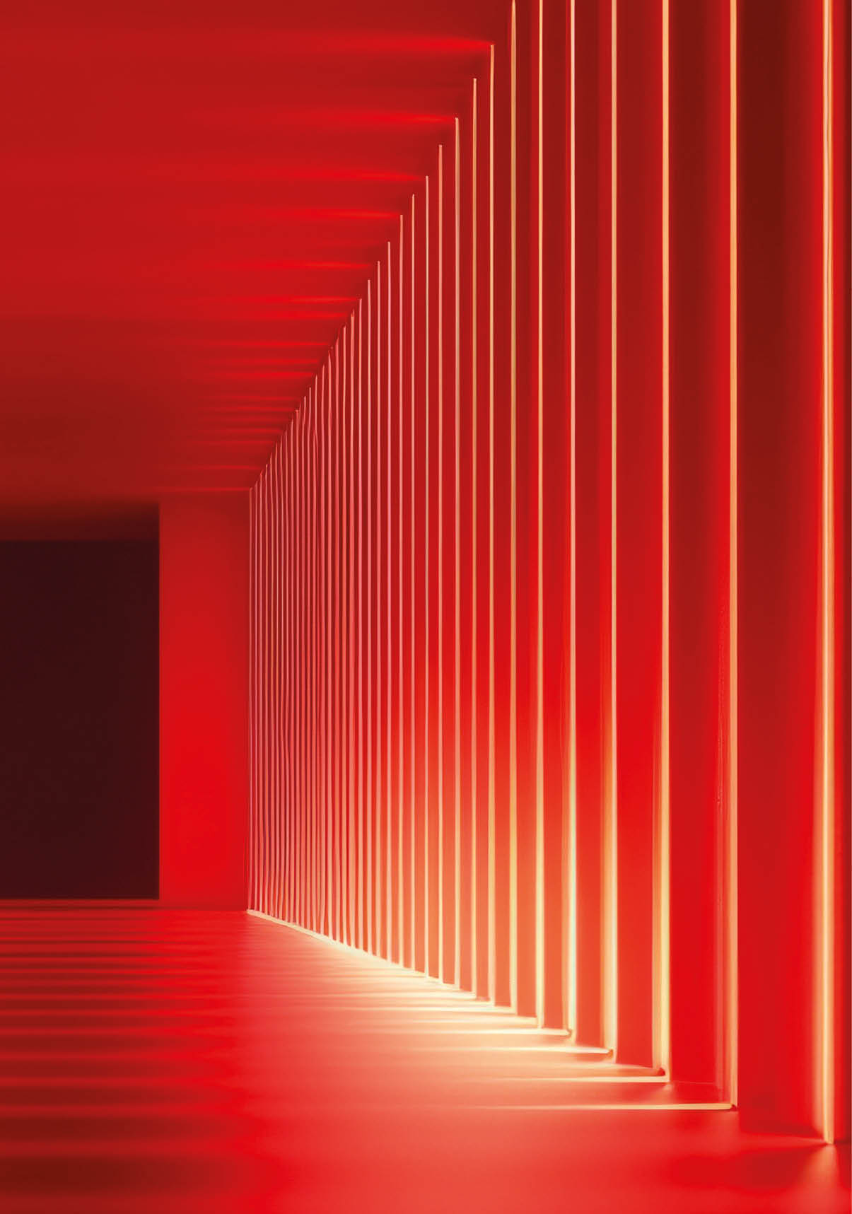 Ein langer, futuristischer Gang mit roten W nden und Decke, der von vertikalen, leuchtenden Lichtstreifen an einer Seite beleuchtet wird. Beschreibung von KI generiert