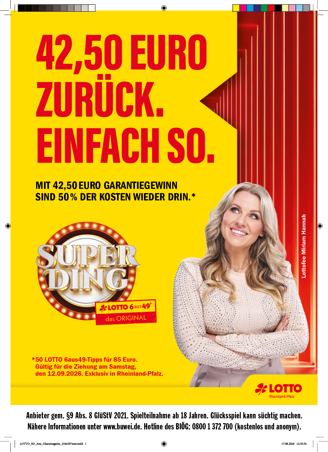 Eine l chelnde Person mit langen lockigen Haaren steht vor einem gelben Hintergrund mit roter Schrift, die einen Lotto-Gewinn von 42,50 Euro bewirbt. Beschreibung von KI generiert
