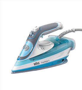 Ein modernes Dampfb geleisen in Blau- und Graut nen mit einem ergonomischen Griff und einem Kabelanschluss. Beschreibung von KI generiert