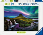 Ein Puzzle mit 1000 Teilen zeigt eine Landschaft mit einem markanten Berg, Wasserf llen und einem Himmel, der von bunten Nordlichtern erleuchtet wird. Beschreibung von KI generiert