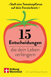 Ein gelber Hintergrund mit einer stilisierten Tomate und dem Text ber Entscheidungen, die das Leben verl ngern, sowie einem Zitat, eine Tomatenpflanze auf das Fensterbrett zu stellen.  Beschreibung von KI generiert