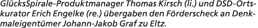 Gl cksSpirale Produktmanager Thomas Kirsch (li.) und DSD Ortskurator Erich Engelke (re.) bergaben den F rderscheck a...