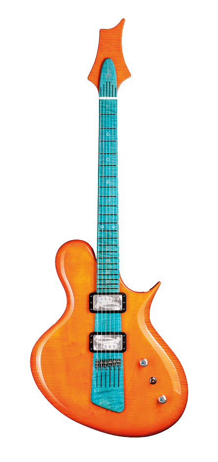 Eine orangefarbene E-Gitarre mit einem ungew hnlich geformten, blauen Hals und Kopfplatte. Beschreibung von KI generiert