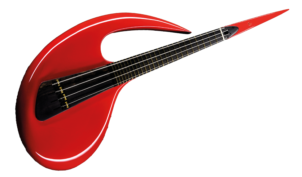 Eine moderne, k nstlerisch gestaltete rote Gitarre mit geschwungenem Korpus und schwarzem Griffbrett. Beschreibung von KI generiert