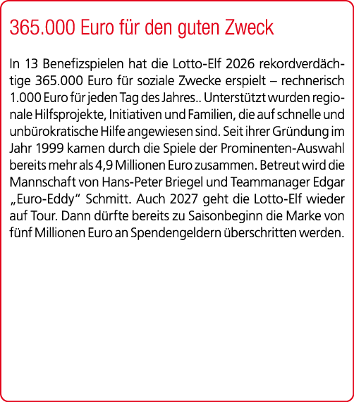 365.000 Euro f r den guten Zweck In 13 Benefizspielen hat die Lotto Elf 2026 rekordverd chtige 365.000 Euro f r sozia...
