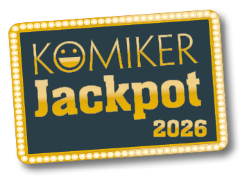 Das Logo zeigt den Schriftzug Komiker Jackpot 2026 in goldenen Buchstaben auf einem dunkelblauen Hintergrund mit einem gelben Rahmen, wobei das O in Komiker als lachendes Gesicht gestaltet ist. Beschreibung von KI generiert