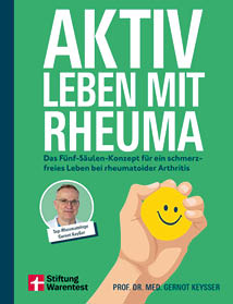 Gr nes Buchcover mit dem Titel Aktiv leben mit Rheuma, einem Foto einer Person und einer Illustration einer Hand, die einen gelben Ball mit einem Smiley h lt, sowie dem Namen Prof. Dr. med. Gernot Keysser. Beschreibung von KI generiert