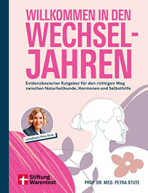 Willkommen in den Wechseljahren ist ein evidenzbasierter Ratgeber von Prof. Dr. med. Petra Stute ber Naturheilkunde, Hormone und Selbsthilfe mit einem Foto der Autorin und dem Logo der Stiftung Warentest.  Beschreibung von KI generiert