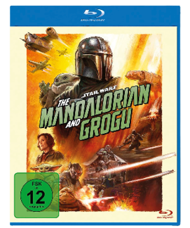 Das Cover eines Blu-ray-Discs zeigt eine Figur in futuristischer R stung mit Helm, ein kleines Wesen mit gro en Augen, mehrere Personen in actionreichen Posen und Raumschiffe vor einem dramatischen, feurigen Hintergrund mit dem Titel The Mandalorian and Grogu. Beschreibung von KI generiert