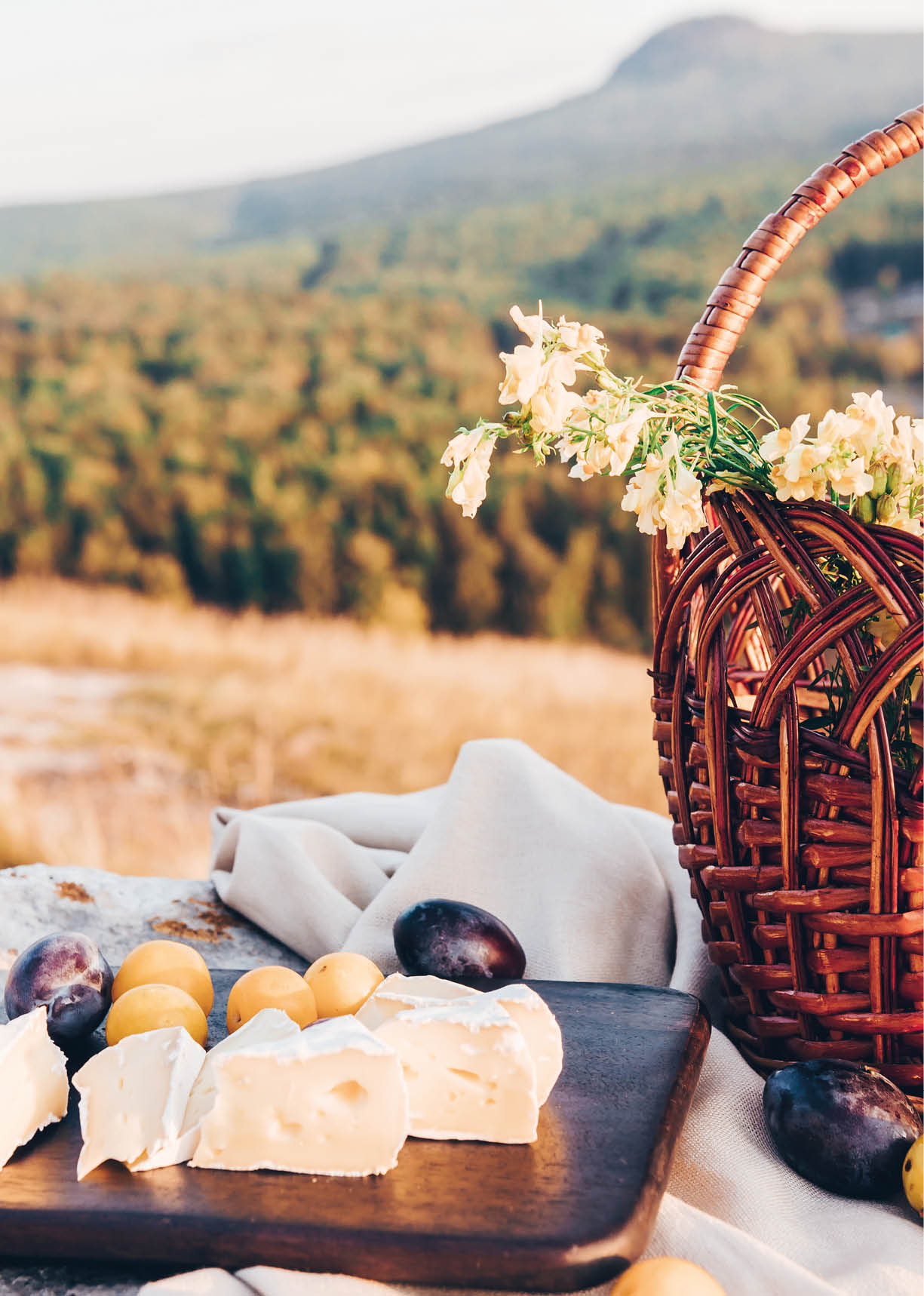 Auf einem rustikalen Tisch liegen verschiedene K sesorten und Fr chte neben einem geflochtenen Korb mit wei en Blumen vor einer unscharfen Wald- und Berglandschaft. Beschreibung von KI generiert