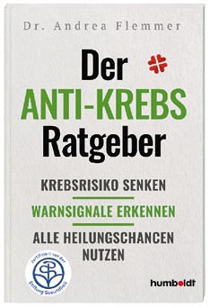 Buchcover von Dr. Andrea Flemmer mit dem Titel Der Anti-Krebs Ratgeber und den Themen Krebsrisiko senken, Warnsignale erkennen und alle Heilungschancen nutzen. Beschreibung von KI generiert