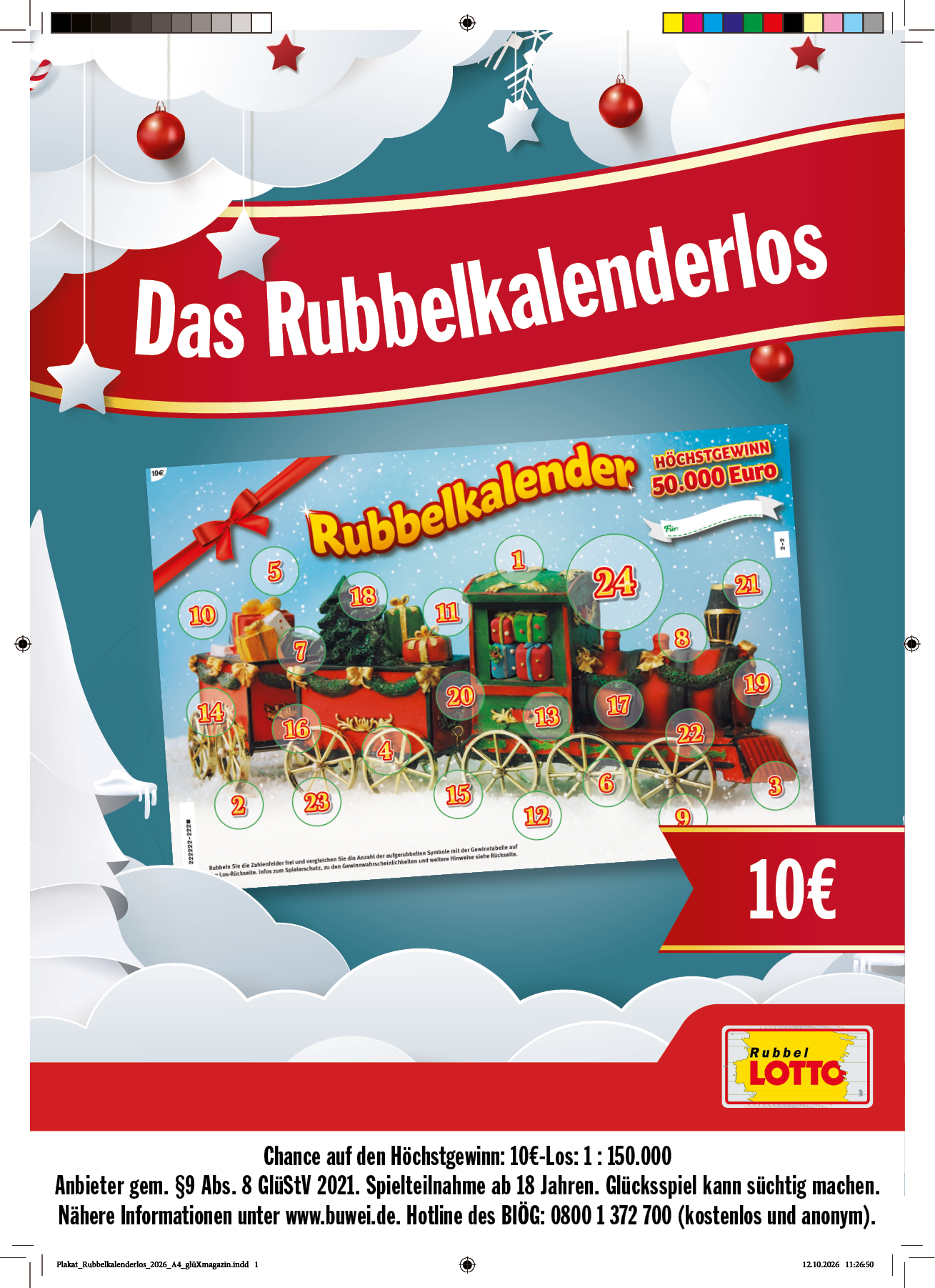 Weihnachtliches Werbebild f r ein Rubbelkalenderlos mit einer bunten Spielzeugeisenbahn und einem Preis von 10 Euro. Beschreibung von KI generiert