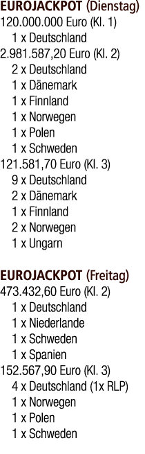 EUROJACKPOT (Dienstag) 120.000.000 Euro (Kl. 1) 1 x Deutschland 2.981.587,20 Euro (Kl. 2) 2 x Deutschland 1 x D nemar...