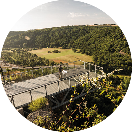 Eine Person steht auf einer Aussichtsplattform mit Glasgel nder und betrachtet die weite gr ne Landschaft mit Wald und Feldern im Hintergrund. Beschreibung von KI generiert