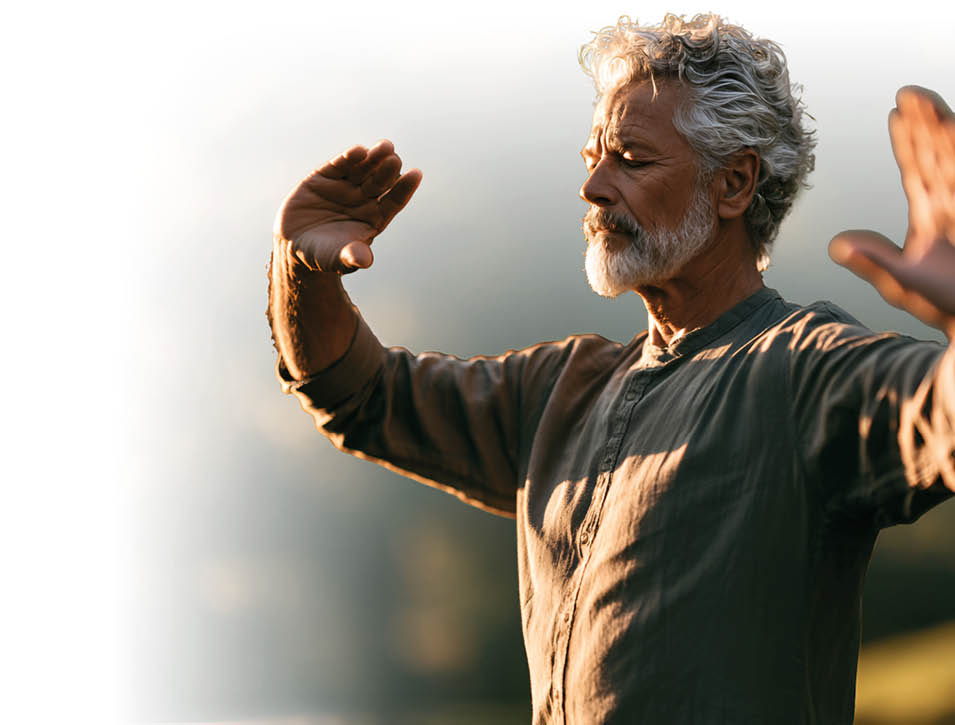 Eine Person mit grauen lockigen Haaren und Bart tr gt ein lang rmeliges Hemd und f hrt im Freien eine meditative Tai-Chi- bung mit erhobenen H nden aus. Beschreibung von KI generiert