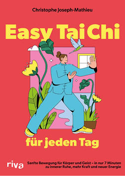Ein Mensch in traditioneller Tai-Chi-Kleidung bt Tai-Chi-Posen umgeben von gro en Blumen und einem Vogel vor einem roten Hintergrund mit dem Titel Easy Tai Chi f r jeden Tag.  Beschreibung von KI generiert